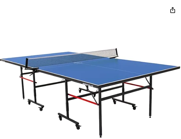 A blue ping pong table with black legs and wheels is shown against a white background. Overlaid text reads 'i'm not lazy i'm…