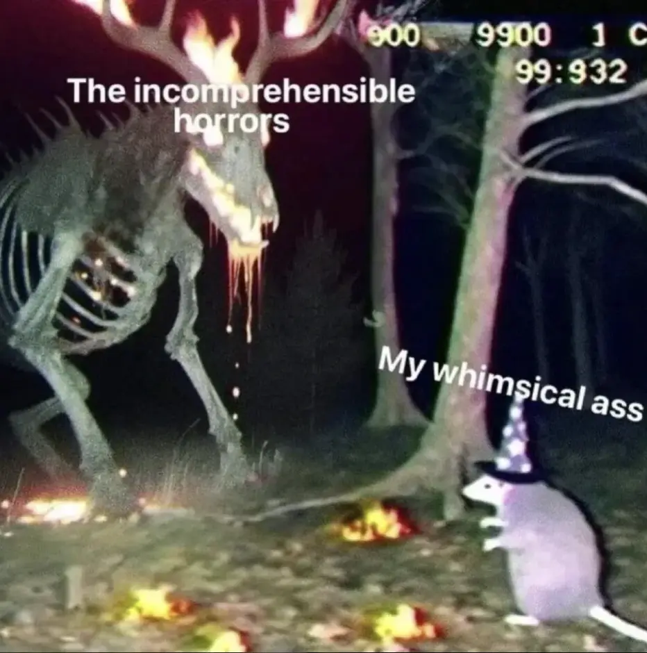 A screenshot from a video game shows a large, skeletal deer-like creature with glowing eyes and flames on its antlers…