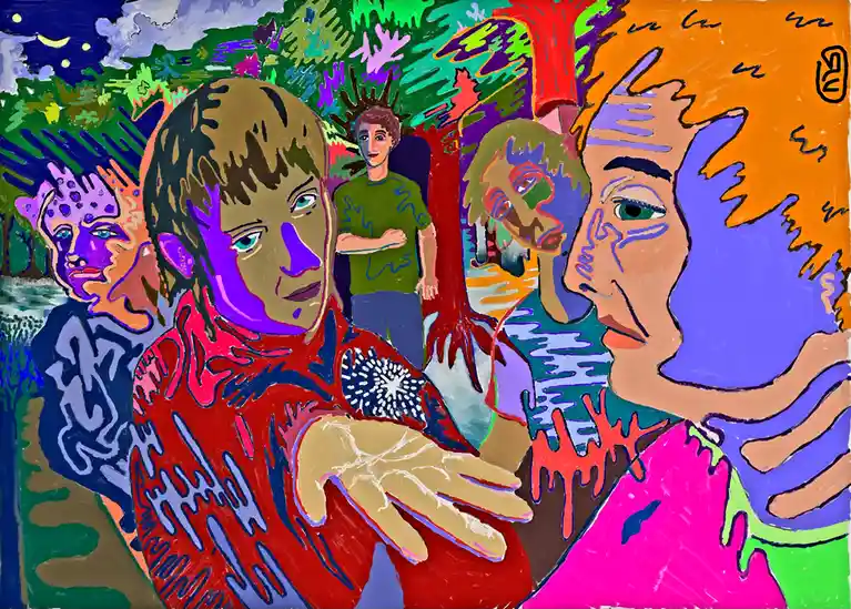 A colorful, stylized painting depicts several people in a surreal outdoor scene with vibrant, distorted colors and…