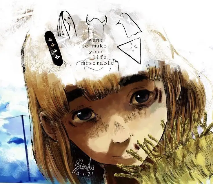An anime-style illustration of a young girl with brown hair and large eyes, looking directly at the viewer. Her head is…