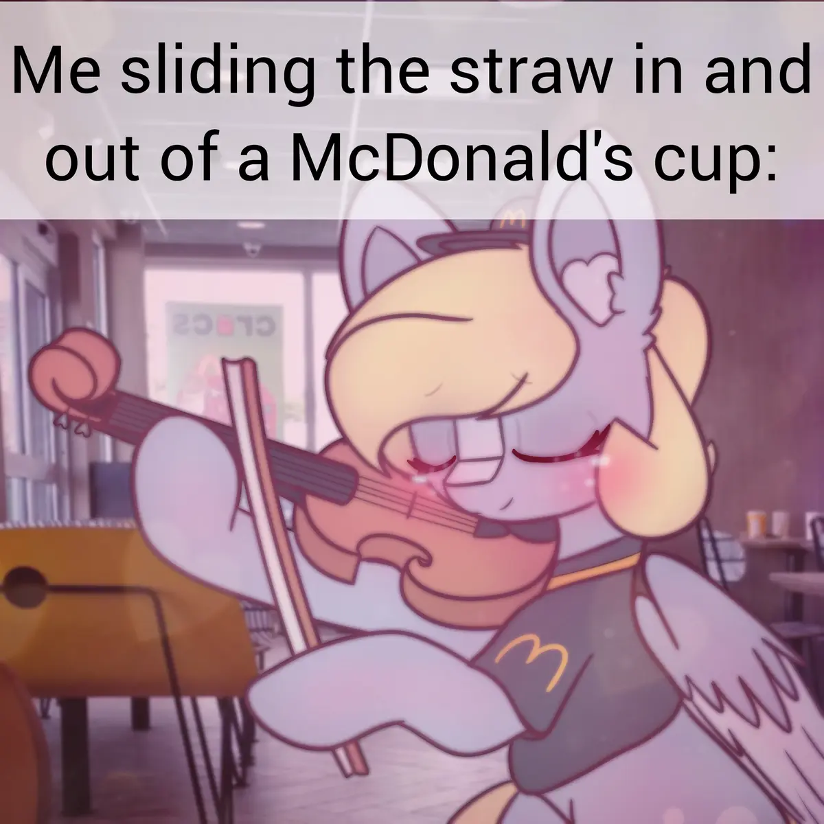 An anime-style anthropomorphic cat with angel wings and a McDonald's logo on its vest is joyfully playing a violin in a…