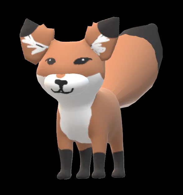 A stylized 3D cartoon fox with tan fur, white chest and muzzle, black-tipped ears and paws, and a bushy tail, standing…