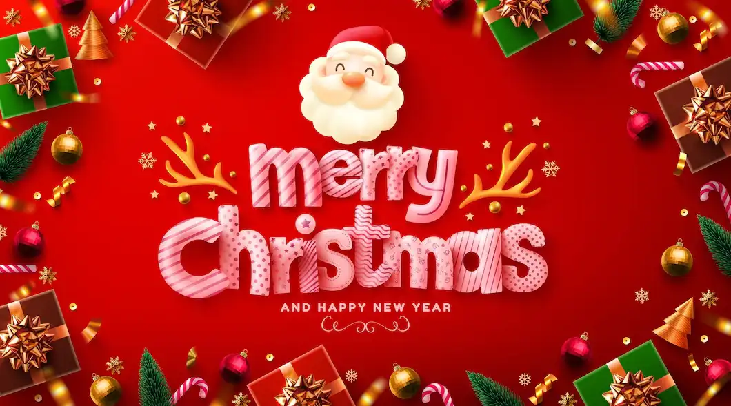 A festive red background is filled with Christmas decorations including wrapped gifts, candy canes, pine branches…