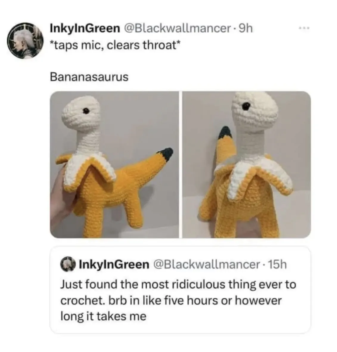 A tweet screenshot shows a user named InkyInGreen posting about a crocheted toy that looks like a dinosaur with a banana…