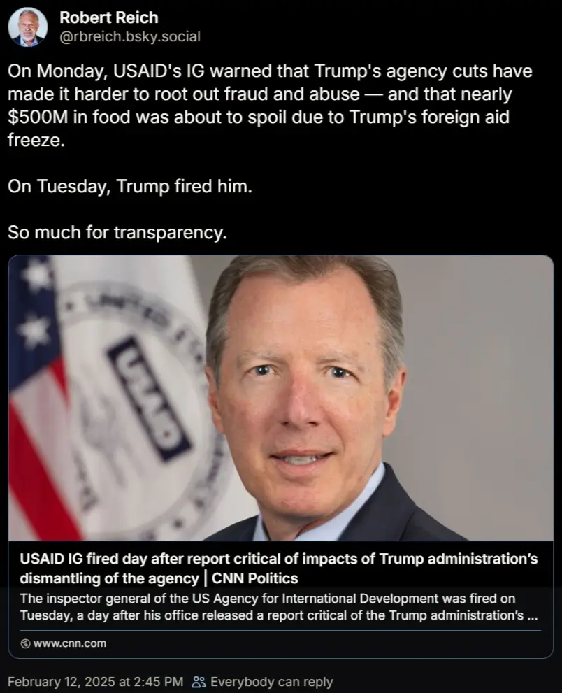 A screenshot of a tweet by Robert Reich showing a photo of USAID Inspector General Michael D. Brown. The tweet text…