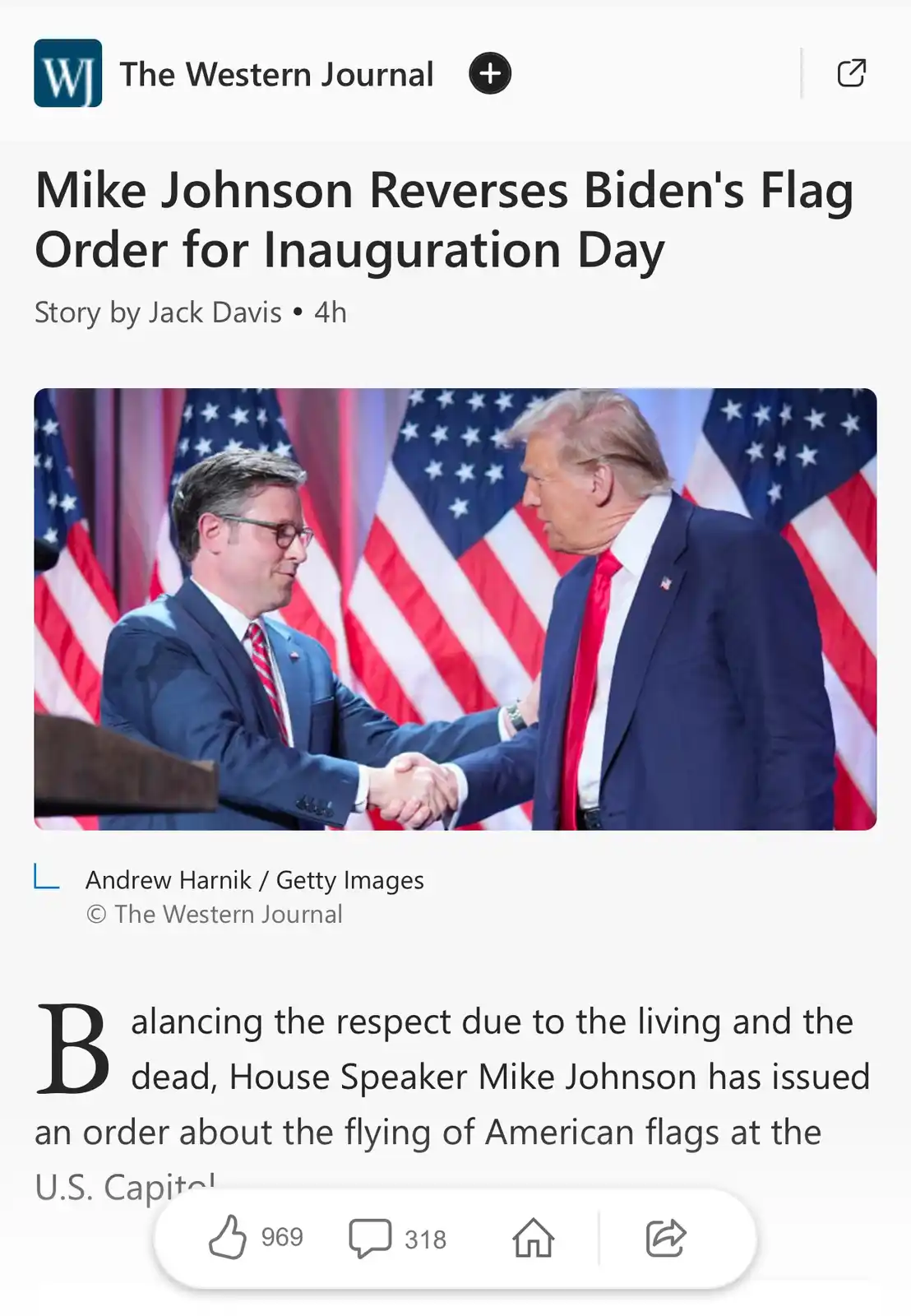 A screenshot of a Western Journal article shows Mike Johnson and Donald Trump shaking hands in front of American flags. The…