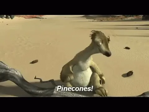 A compilation of six identical frames from the animated movie 'Ice Age' showing the character Scrat, a small, determined…
