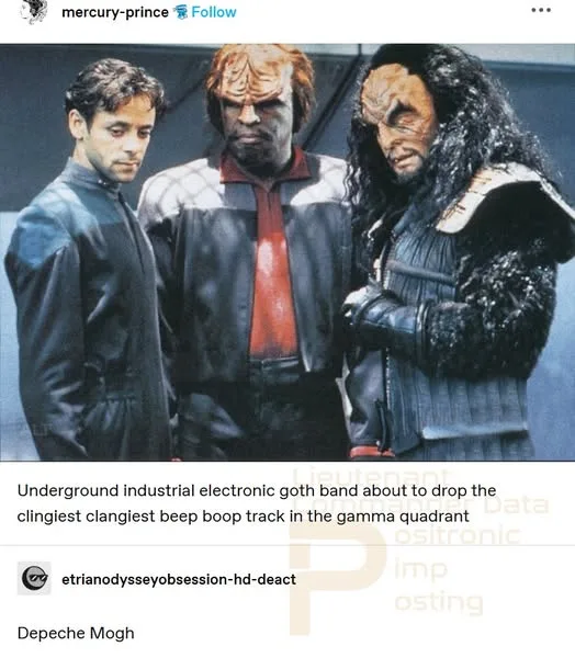 Three men stand side-by-side in a sci-fi setting, one human and two alien-looking figures with textured skin and dark…