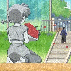 A sequence of six anime frames shows a character kneeling and holding a watermelon, then throwing it at another person…