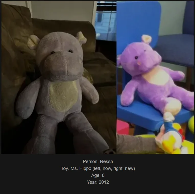 A split image shows a grey stuffed hippo plush toy on a brown couch on the left, and a purple stuffed hippo plush toy on a…