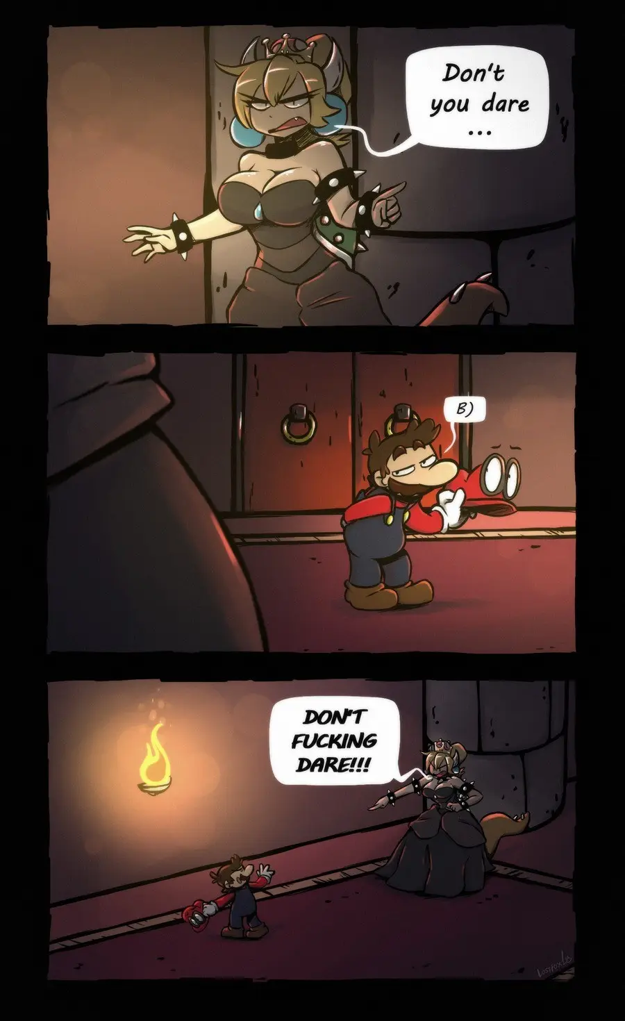 A three-panel comic strip shows a female character in a dark outfit threatening a smaller male character. In the first…