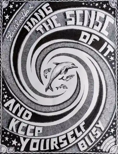 A black-and-white ink drawing features a spiral pattern with a dolphin and three fish at the center. Text in bold, stylized…