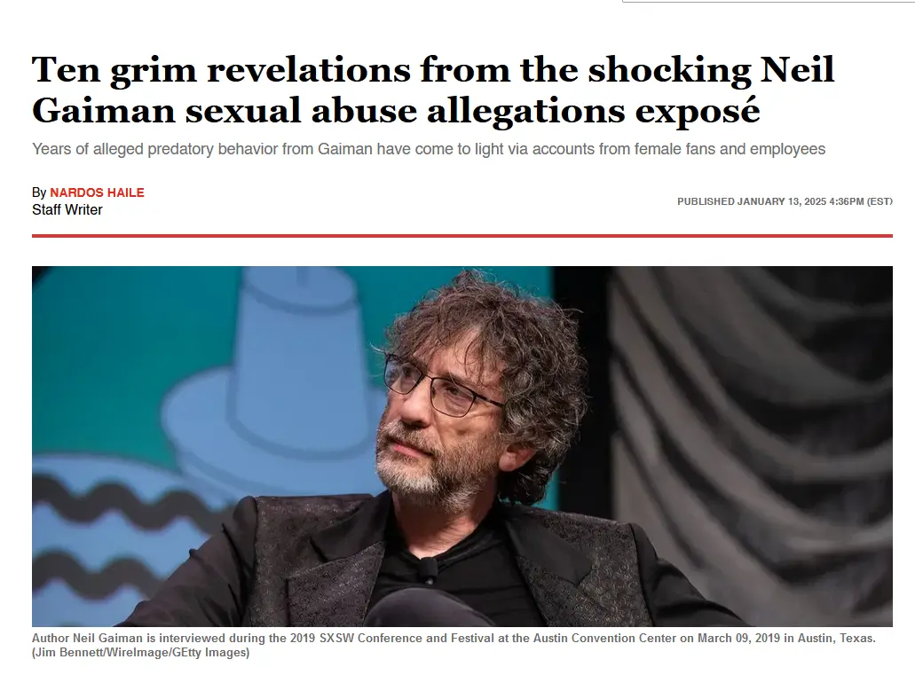 A screenshot of a news article header featuring a photo of Neil Gaiman, who has curly gray hair, glasses, and a beard…