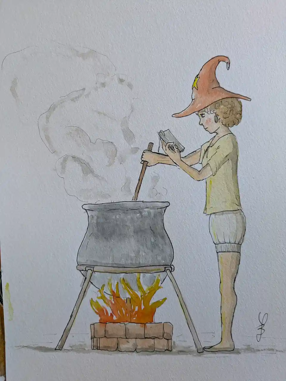 A watercolor illustration shows a person with curly hair wearing a pointed wizard hat with a yellow star, standing barefoot…