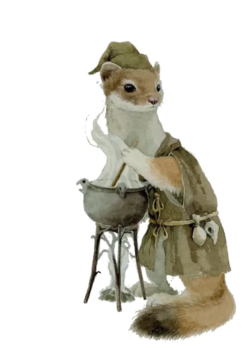 A watercolor-style illustration of a weasel dressed as a wizard, wearing a pointed hat and robe, stirring a bubbling…
