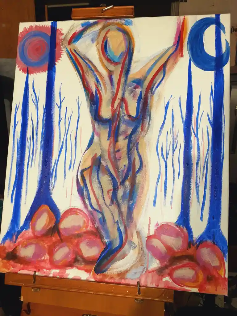 An abstract painting on canvas depicts a stylized human figure with arms raised, rendered in flowing red, blue, and beige…