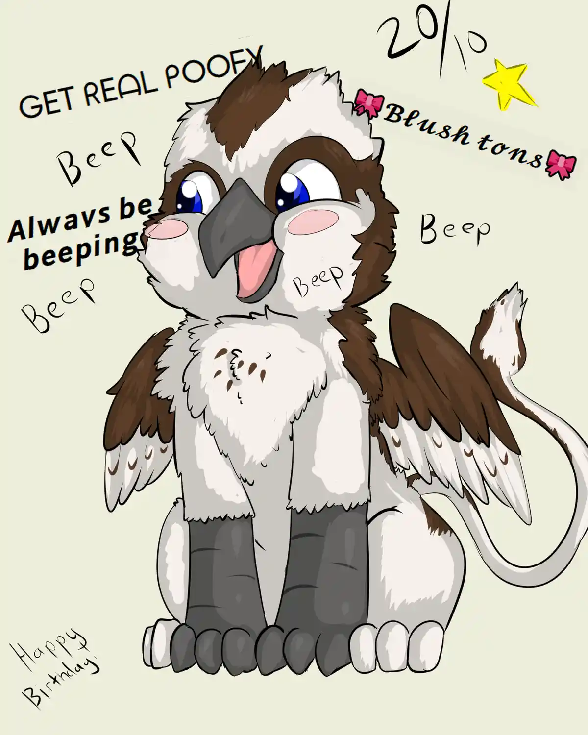 A cartoon drawing of a fluffy, anthropomorphic bird with brown and white feathers, large blue eyes, and a beak, sitting…