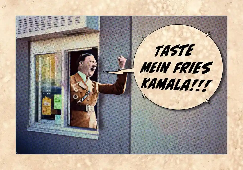 A man in a brown uniform with a swastika armband is yelling from a fast-food restaurant window, with a speech bubble saying…