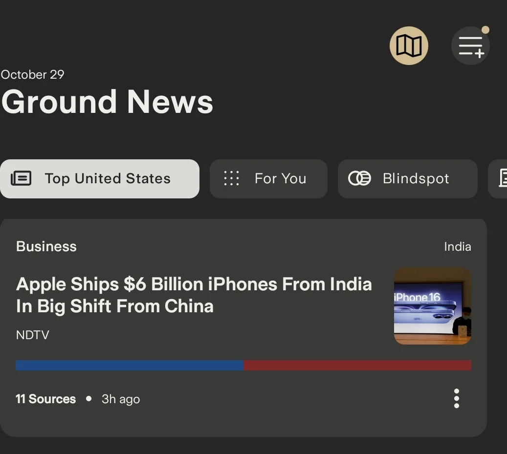 A screenshot of the Ground News app shows a news headline from NDTV dated October 29, reporting that Apple shipped $6…