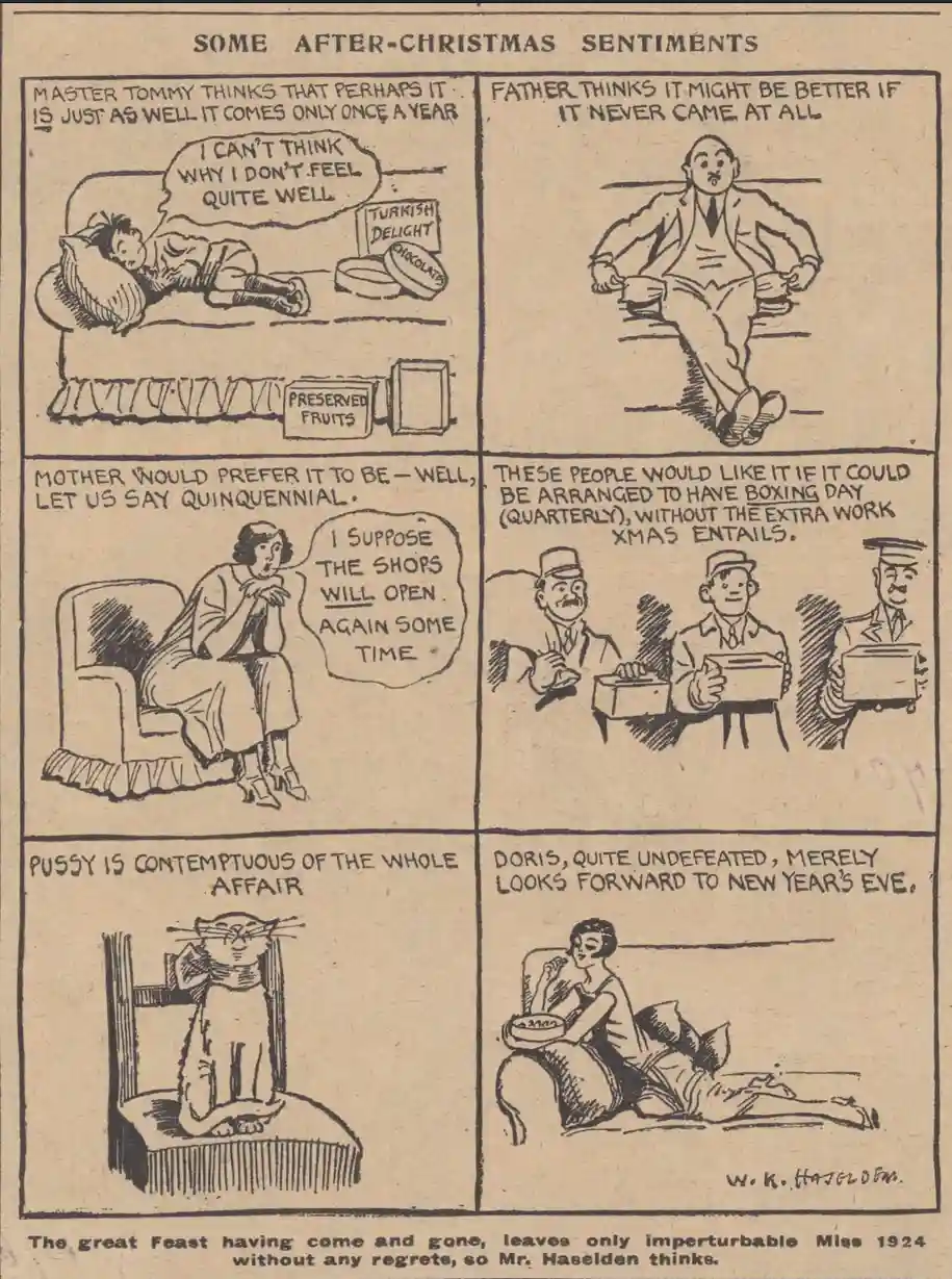 A vintage 1924 comic strip titled 'Some After-Christmas Sentiments' by W.K. Haselden, depicting six panels showing different…