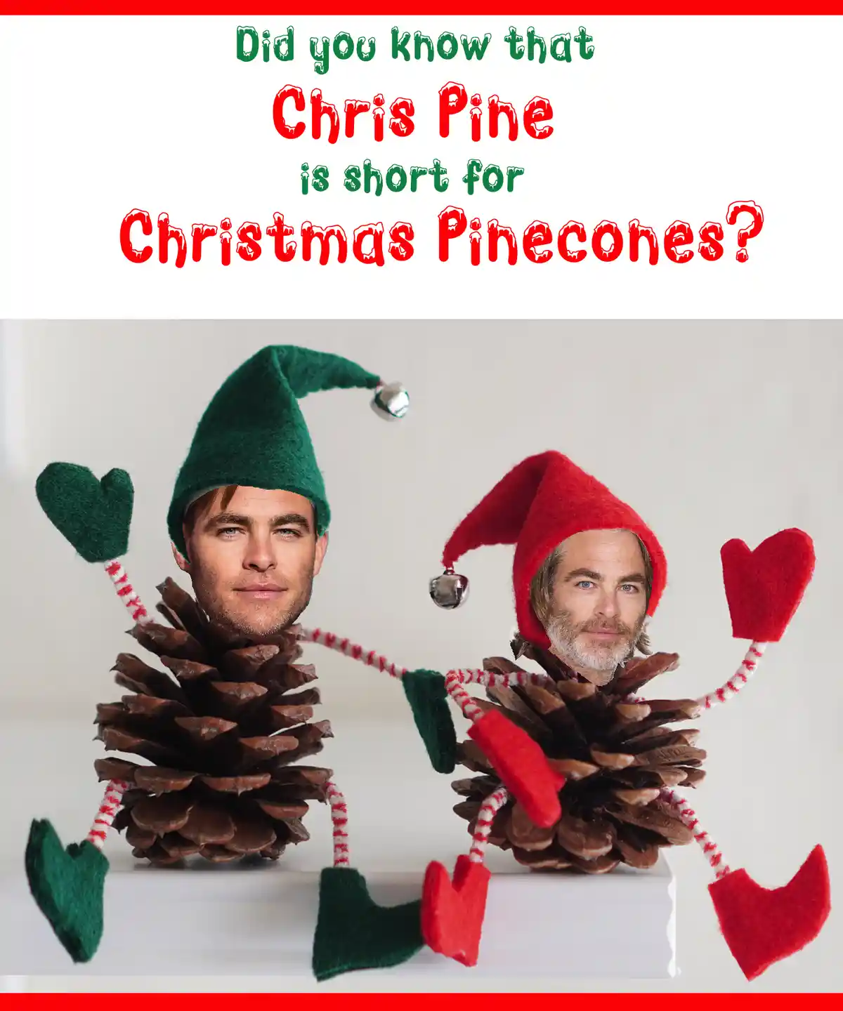 Two pinecones are dressed as elves with felt hats and heart-shaped limbs, each with a photo of actor Chris Pine's face…