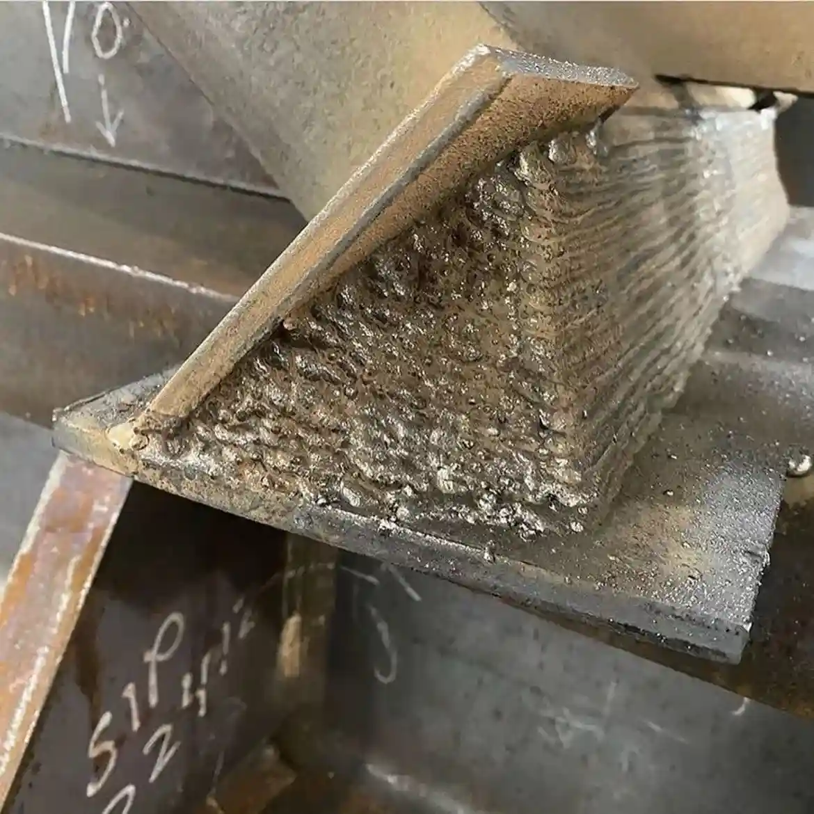 a close-up photo of a poorly executed weld on metal beams, showing uneven, bubbly, and rough weld bead with visible slag and…