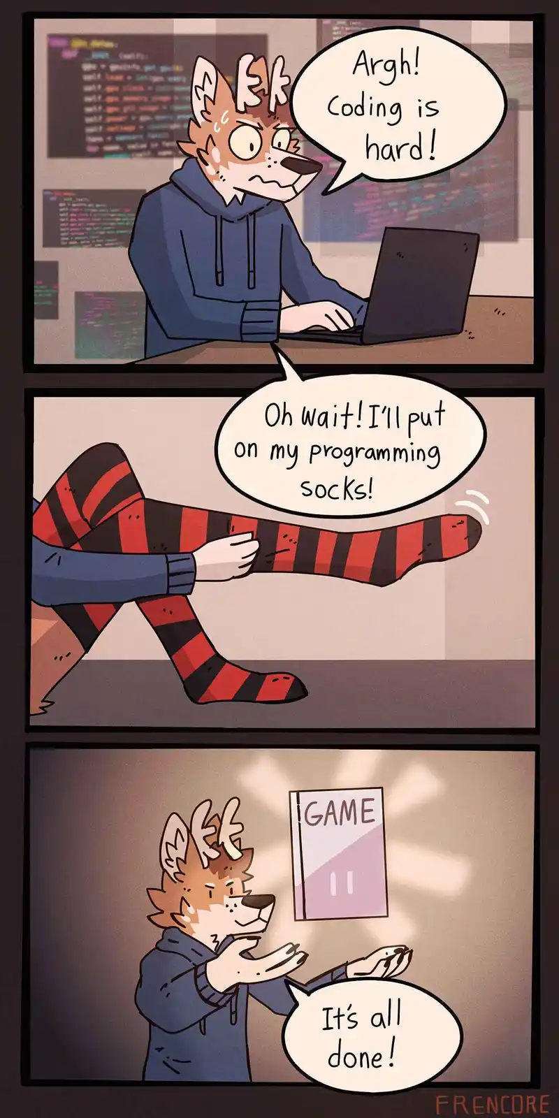 A three-panel comic shows an anthropomorphic fox in a blue hoodie frustrated while coding, then putting on red-and-black…