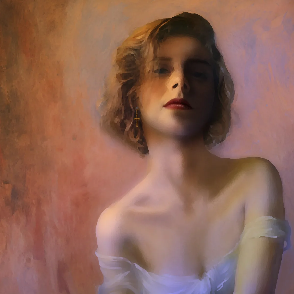 A stylized, painterly portrait of a woman with short, wavy brown hair, wearing a white off-the-shoulder dress and a small…