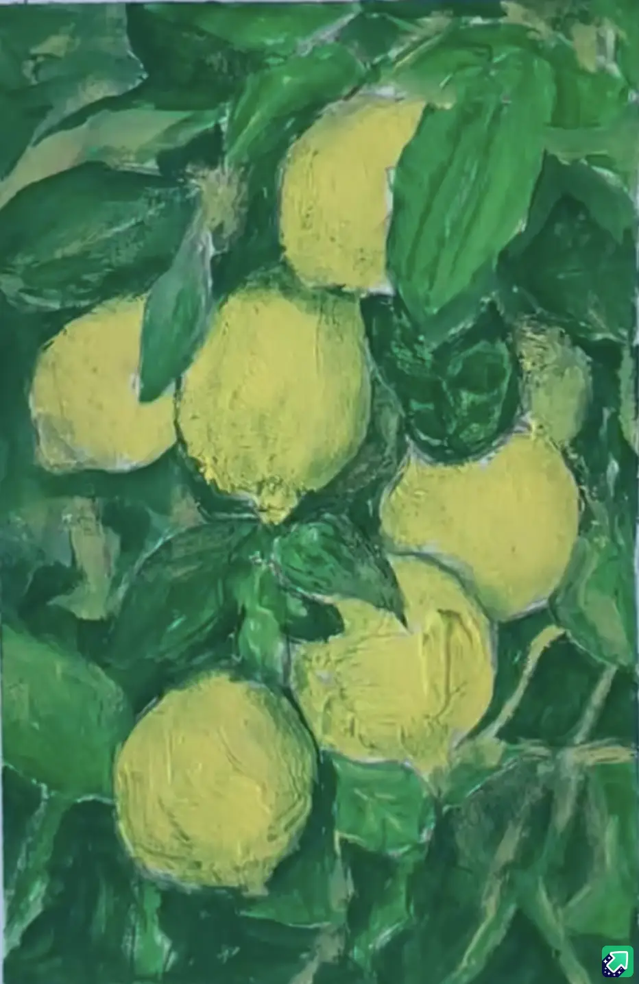 A textured painting depicts several yellow lemons clustered among dark green leaves, with the word 'lemons' overlaid in…