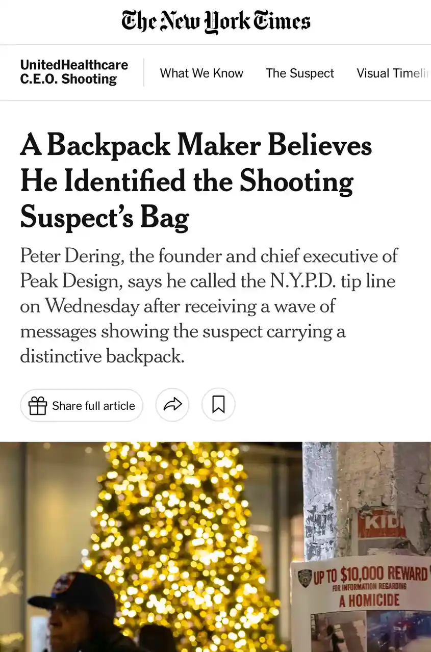 A screenshot of a New York Times article about a backpack maker identifying the suspect's bag in the UnitedHealthcare CEO…