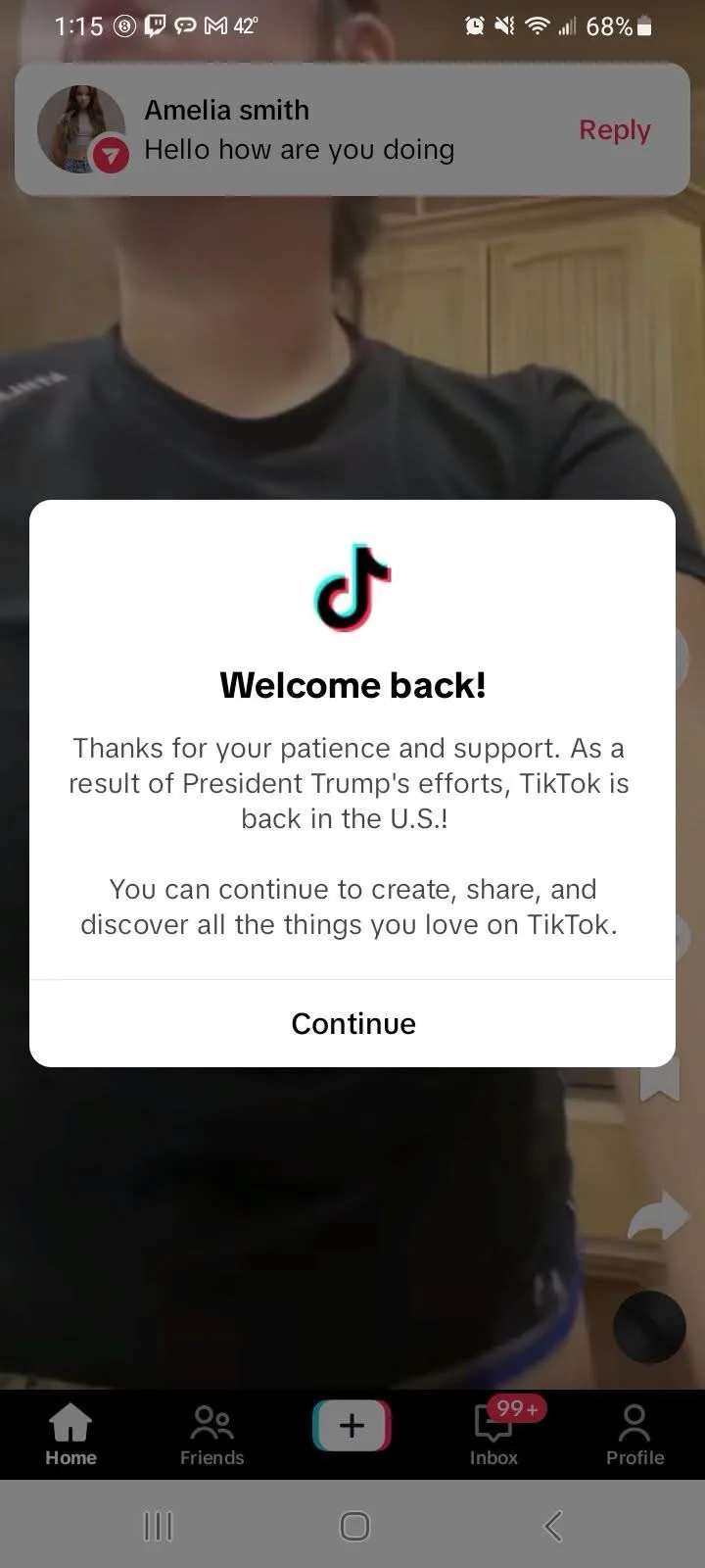 A screenshot of a TikTok app interface showing a 'Welcome back!' pop-up that falsely attributes TikTok's return to the U.S…