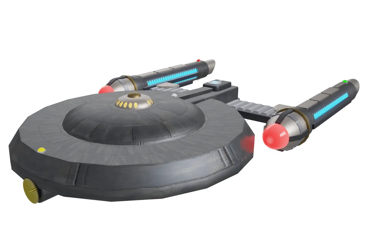 A gray, angular spaceship with glowing blue weapon emitters and red spherical lights on its wings is shown against a black…