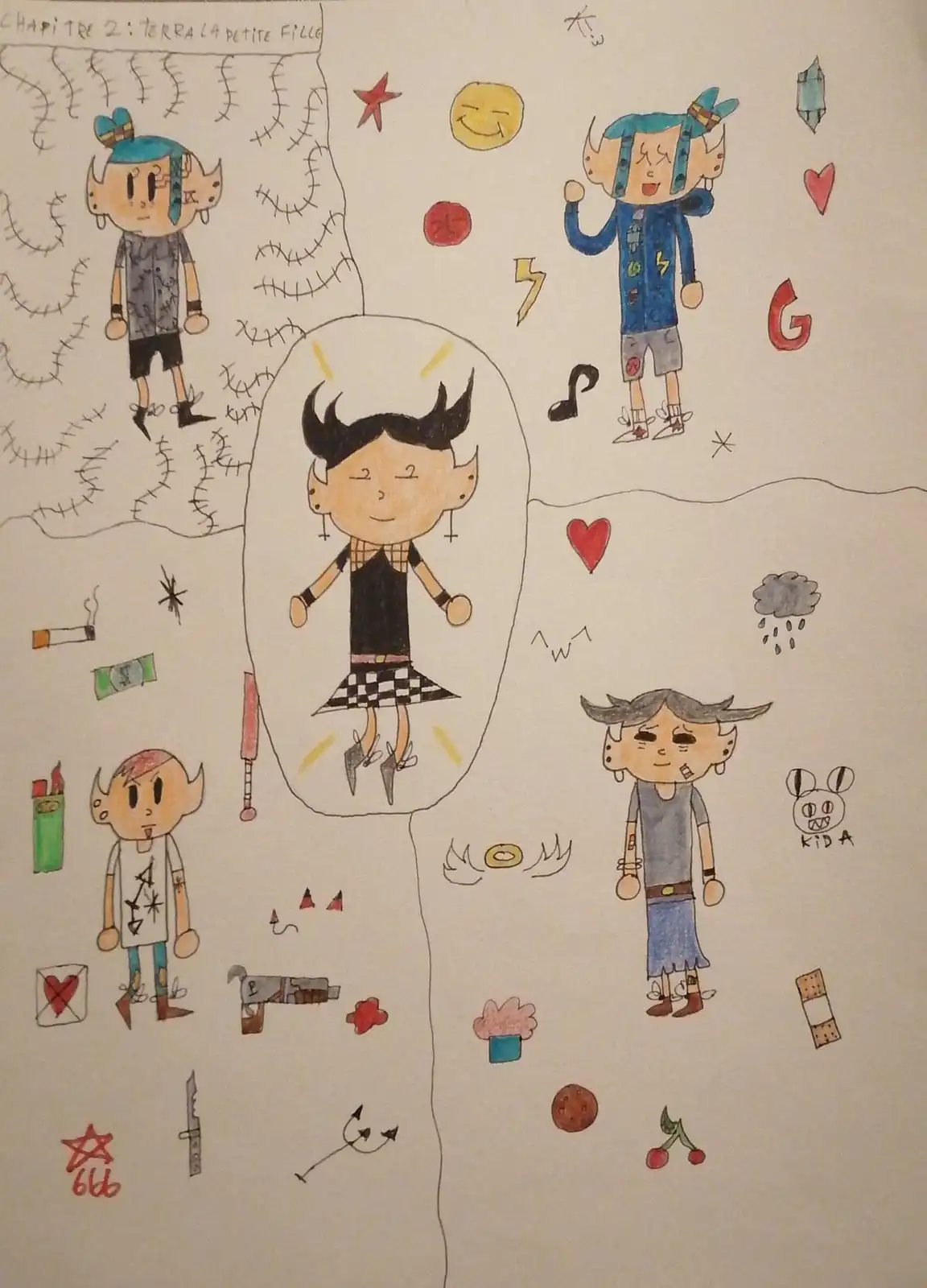 A hand-drawn, colorful comic page titled 'chapitre 2: terra la petite fille' shows a central, glowing character surrounded…