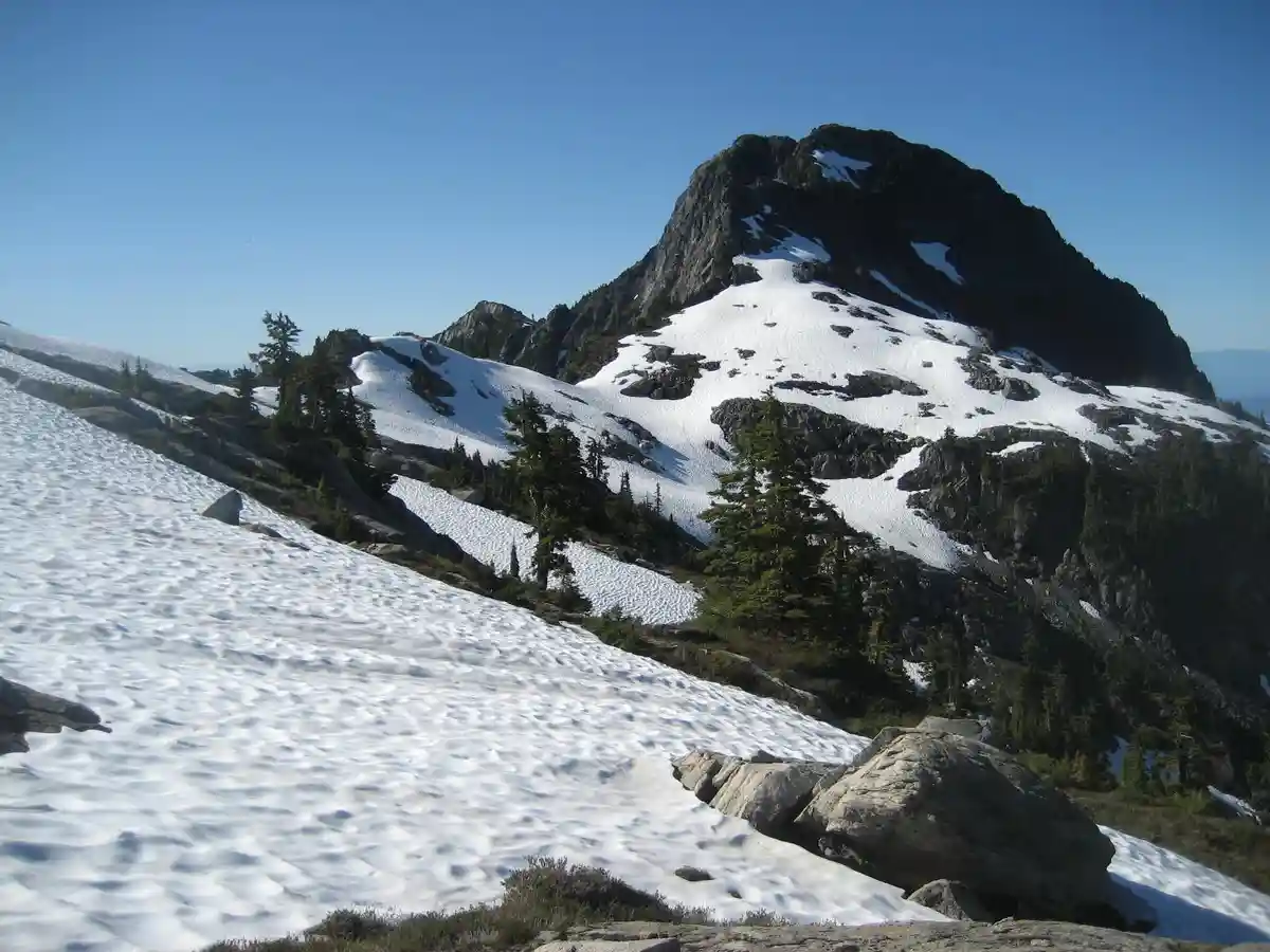 A scenic mountain landscape with snow-covered slopes, rocky outcrops, and evergreen trees under a clear blue sky. Overlaid…