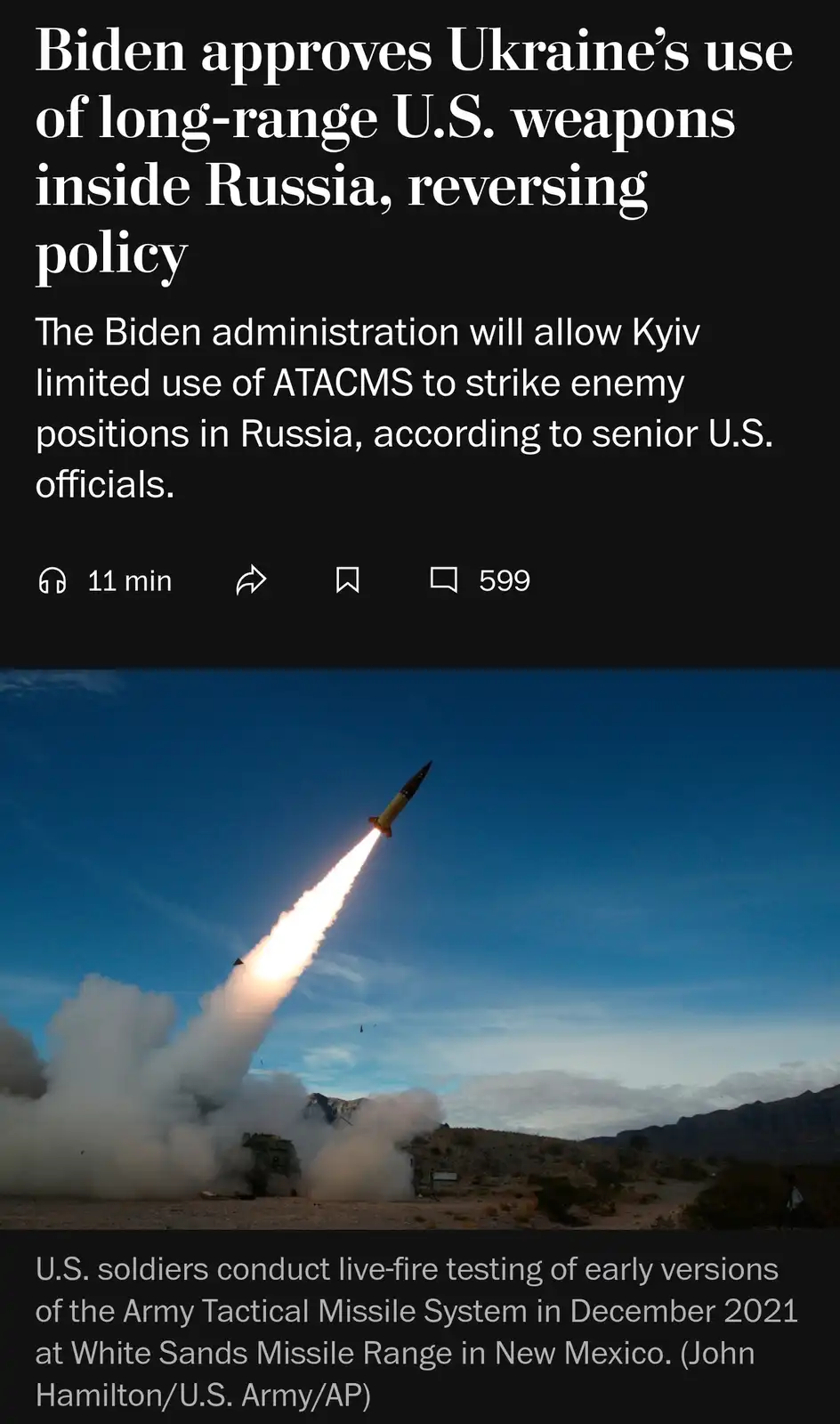 A news article headline reads 'Biden approves Ukraine's use of long-range U.S. weapons inside Russia, reversing policy'…