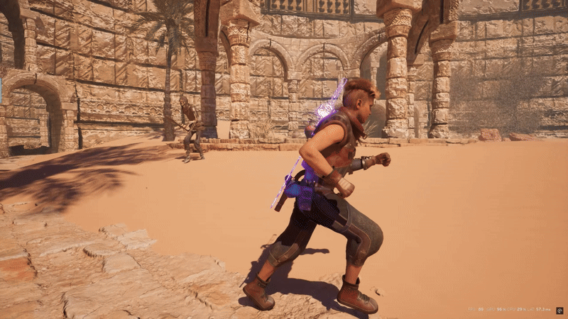 A six-panel sequence from a video game shows a male character in a desert courtyard. He starts running, then performs a…