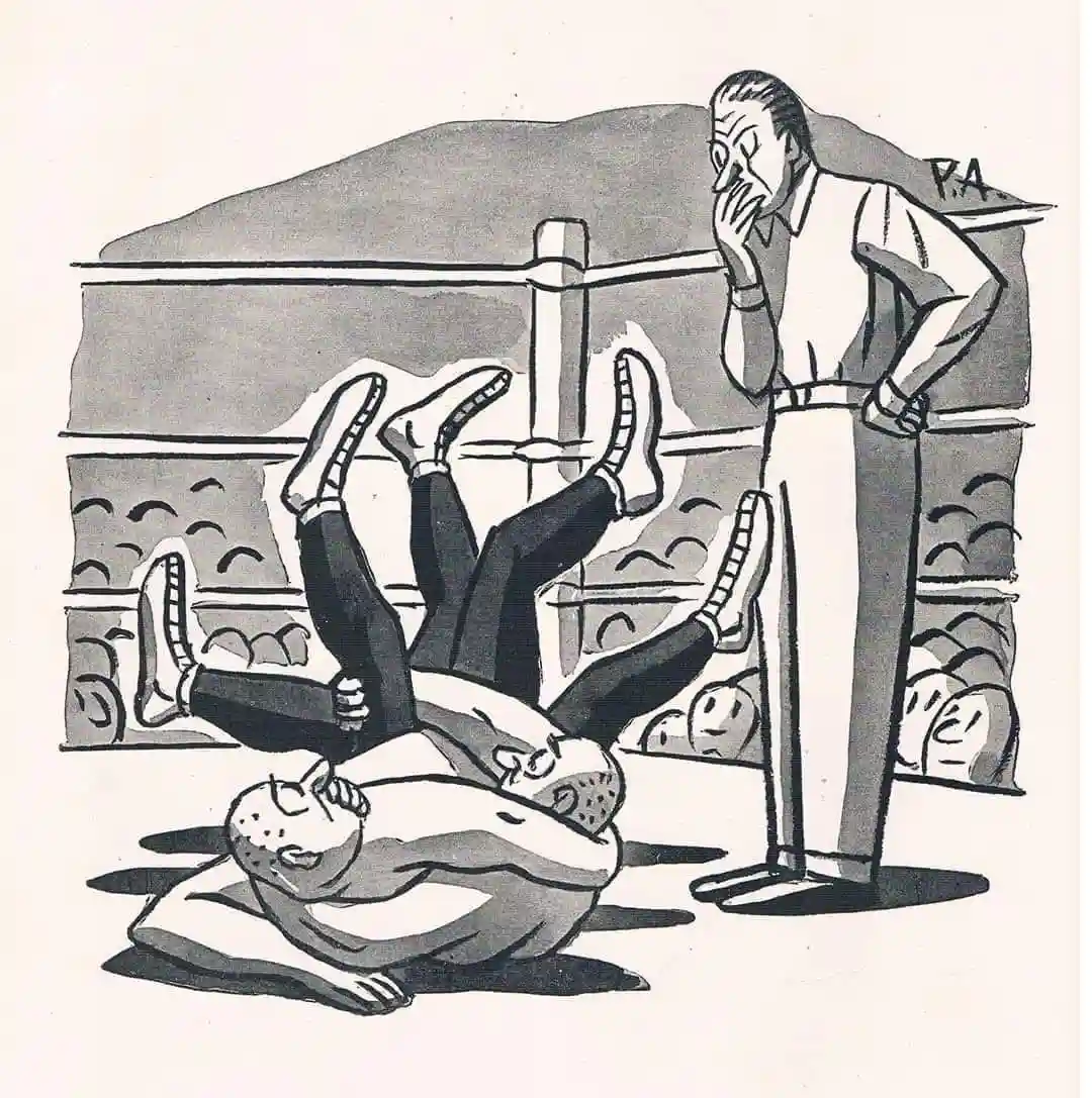 A black-and-white cartoon depicts a boxing match where one fighter is lying on his back with his legs kicked up in the air…