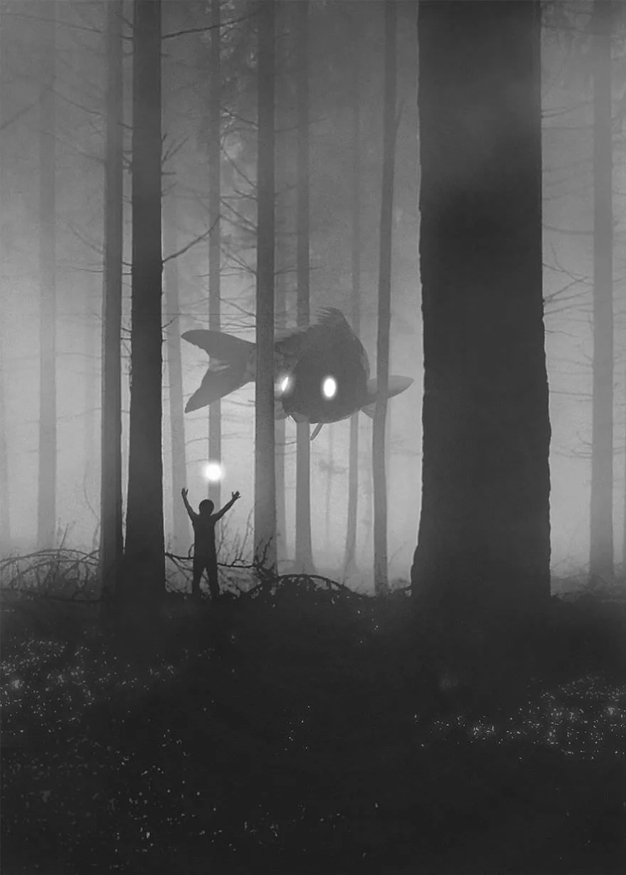 A black-and-white image shows a small child standing in a misty forest with arms raised, facing a giant fish floating among…