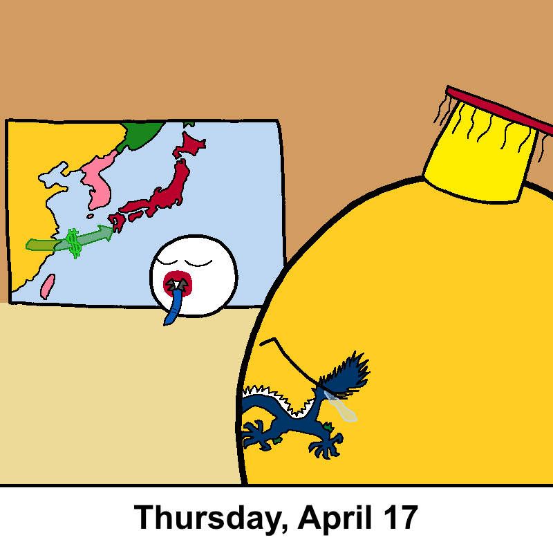 A cartoon depicts a large yellow figure wearing a traditional Chinese-style hat and robe with a blue dragon emblem, looking…