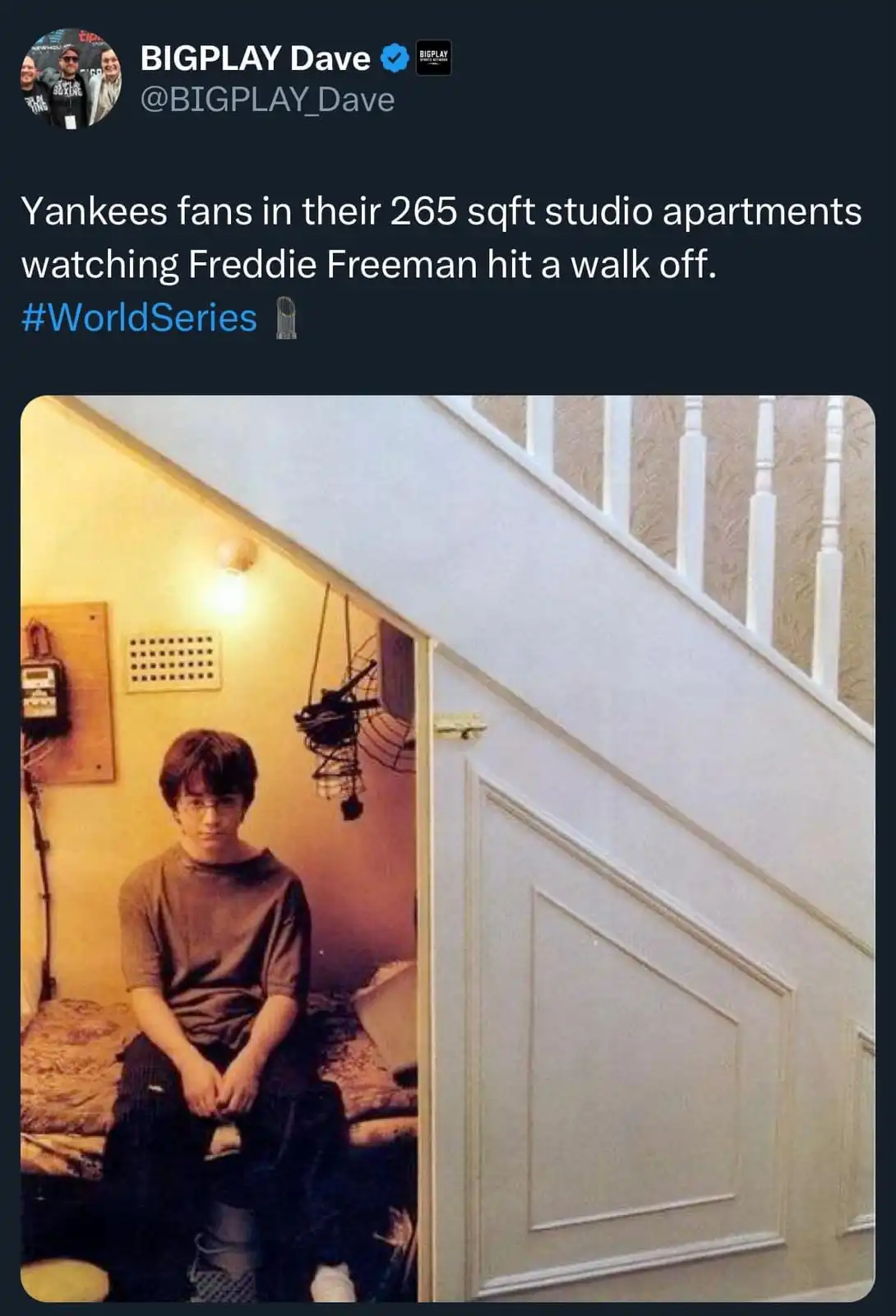 A screenshot of a tweet by BIGPLAY Dave showing a photo of Harry Potter sitting in a cramped, dimly lit space under a…