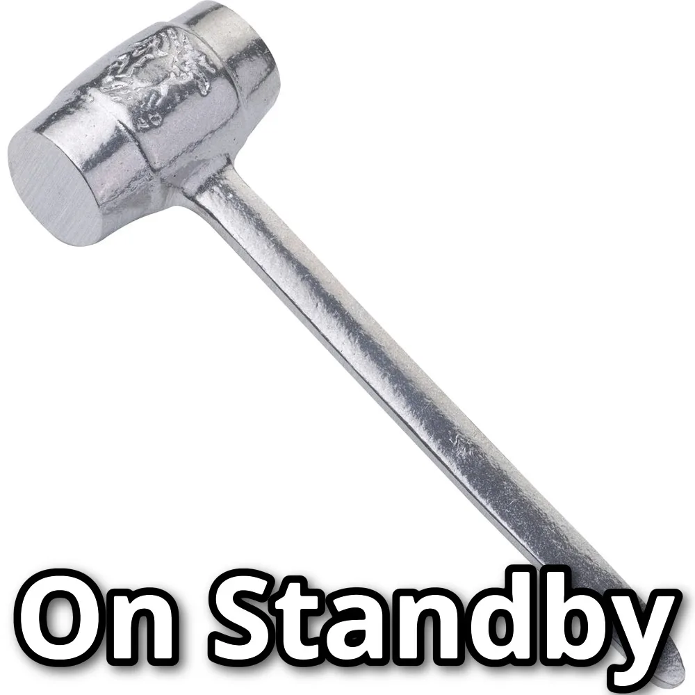 A silver metal mallet with a rounded head and long handle is shown diagonally against a plain white background. Bold white…