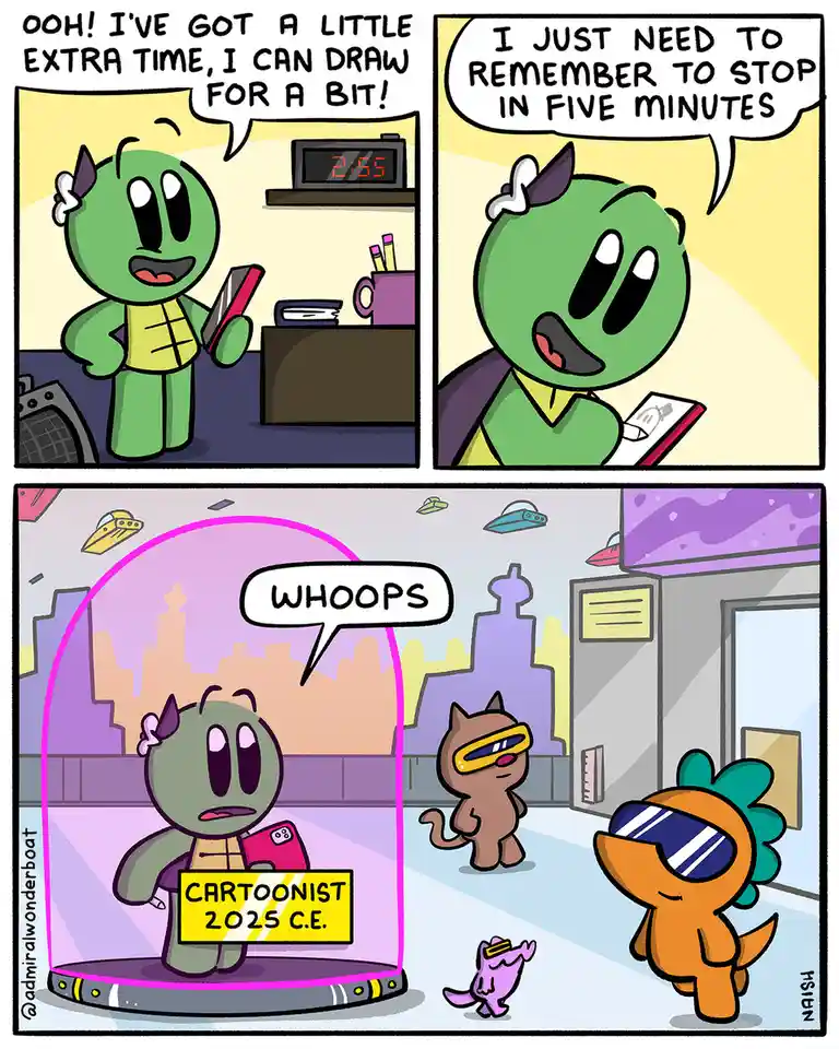 A three-panel comic shows a green cartoon character excitedly starting to draw at 2:55, planning to stop in five minutes…