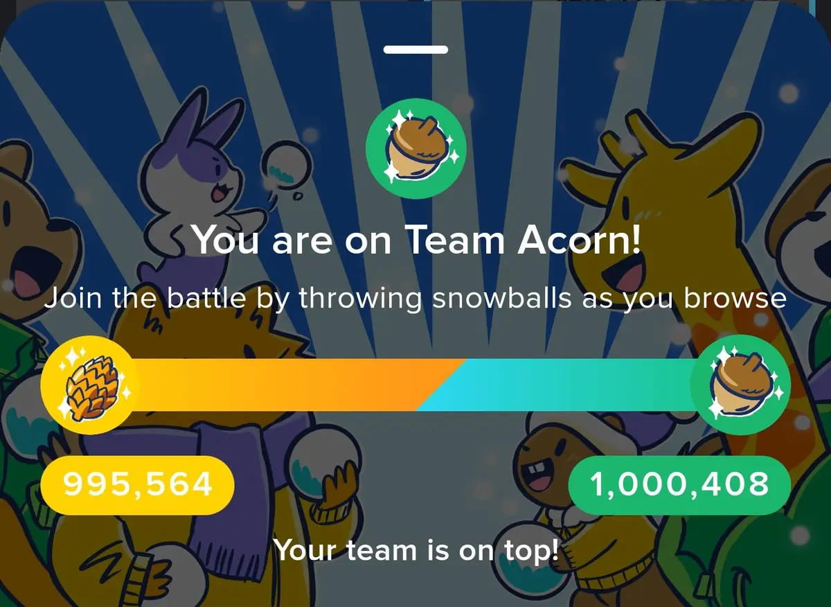 A screenshot from a mobile game shows a scoreboard with two teams: Team Acorn (green, 1,000,408 points) and Team Pinecone…