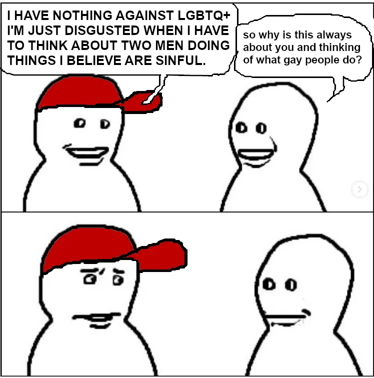 Two stick figures in a comic strip, one wearing a red cap, have a conversation. The first says they have no issue with…