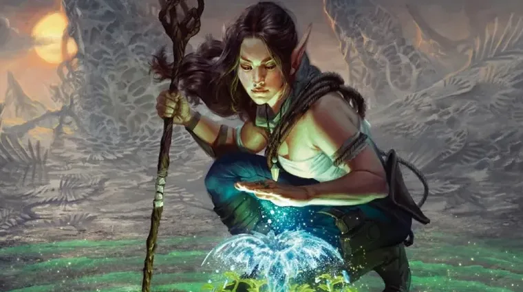 An elf-like woman with pointed ears, holding a staff and crouching over a glowing blue magical fountain she's conjured from…