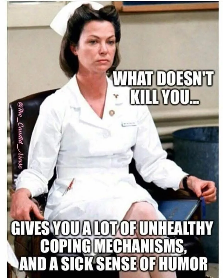 A woman in a vintage white nurse uniform and cap sits in a chair with a stern, unamused expression. Overlaid text reads…