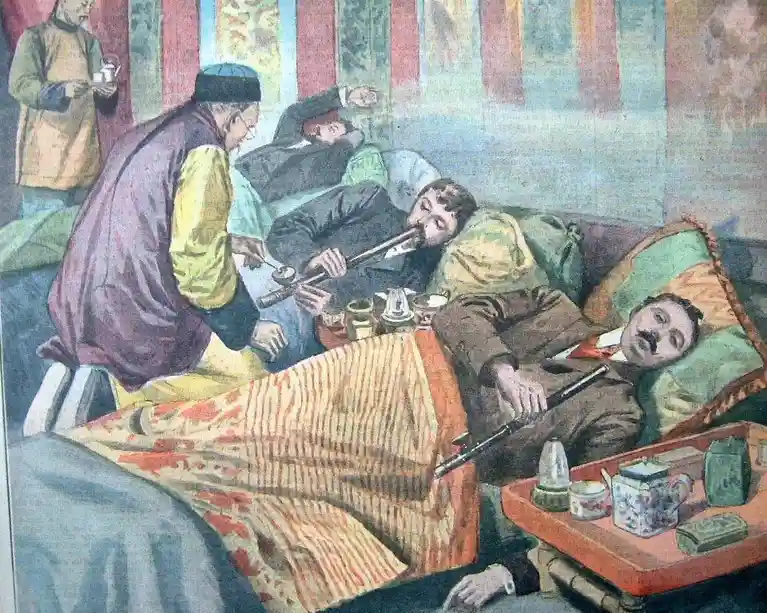 an old illustration depicts several men lounging on a couch, some smoking long pipes while others are asleep or resting. One…