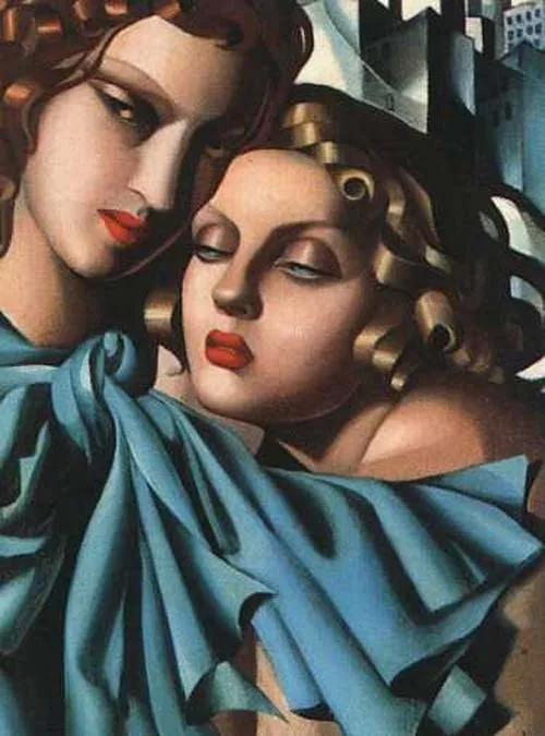 A vintage painting depicts two women in close embrace, one with dark hair and the other with blonde curls, both wearing red…