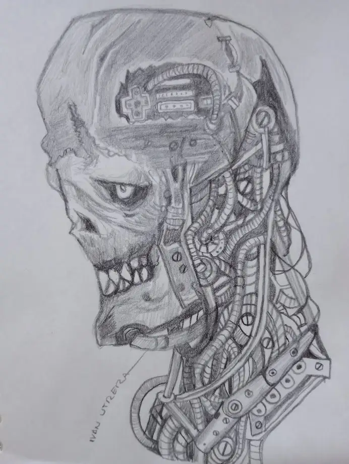 A detailed pencil sketch depicts a menacing, half-human, half-robot head with exposed mechanical components, wires, and a…