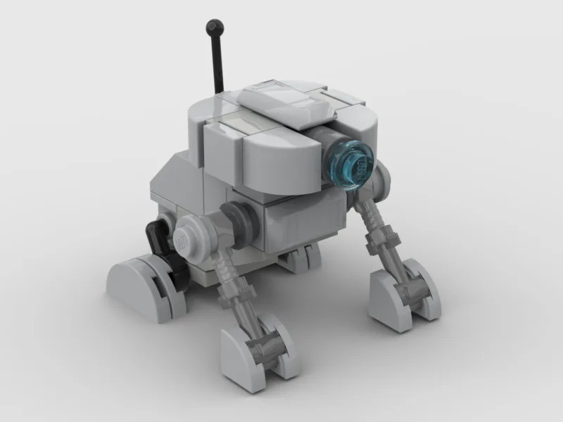 A gray, blocky robot made of interlocking plastic pieces stands on four legs against a plain white background. It has a…